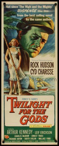4g711 TWILIGHT FOR THE GODS insert '58 great artwork of Rock Hudson & sexy Cyd Charisse on beach!