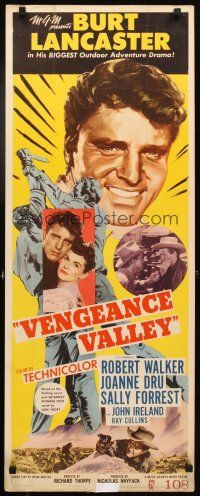 4g720 VENGEANCE VALLEY insert '51 close-up art of Burt Lancaster & holding Joanne Dru!