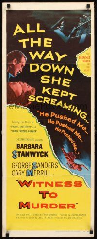 4g744 WITNESS TO MURDER insert '54 no one believes Barbara Stanwyck, except for the murderer!