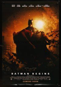 4k058 BATMAN BEGINS Coming Soon style advance DS 1sh '05 Bale as Caped Crusader carrying Holmes!