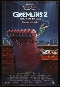 4k244 GREMLINS 2 advance 1sh '90 great Winters artwork of Gremlin in executive chair!