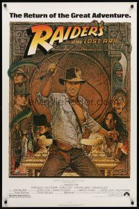 4k518 RAIDERS OF THE LOST ARK 1sh R80s great art of adventurer Harrison Ford by Richard Amsel!