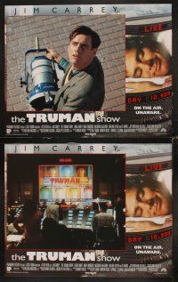 4h740 TRUMAN SHOW 8 LCs '98 great images of Jim Carrey, Ed Harris, directed by Peter Weir!