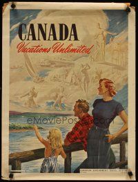 4j599 CANADA VACATIONS UNLIMITED Canadian special 18x24 '50s Goss art of lake & activities!