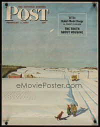 4j628 SATURDAY EVENING POST FEBRUARY 1, 1947 special 22x28 '47 cool art of kids waiting on bus!