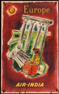 4j437 AIR INDIA EUROPE Indian travel poster '50s wonderful artwork of woman & columns!