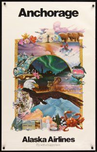 4j348 ALASKA AIRLINES ANCHORAGE travel poster '80s cool Alvin art collage of local scenes!