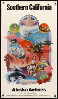 4j349 ALASKA AIRLINES SOUTHERN CALIFORNIA travel poster '80s Alvin art of attractions!