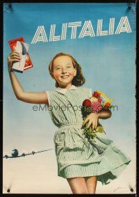 4j390 ALITALIA Italian travel poster '50s great image of smiling girl with tickets!