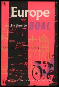 4j406 BOAC EUROPE English travel poster '57 cool art of couple in carriage!
