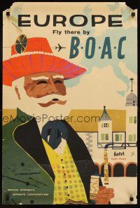4j407 BOAC EUROPE English travel poster '59 cool art of man in hat on street!