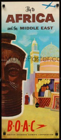 4j408 BOAC FLY TO AFRICA & THE MIDDLE EAST travel poster '50s wonderful art of mask & village!