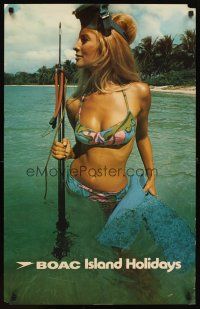 4j409 BOAC ISLAND HOLIDAYS English travel poster '60s sexy woman in bikini spearfishing!