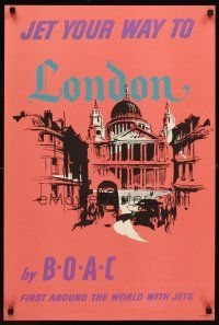 4j410 BOAC LONDON English travel poster '57 wonderful artwork of street scene!