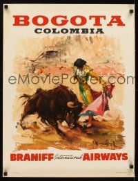 4j421 BRANIFF INTERNATIONAL AIRWAYS BOGOTA COLOMBIA Mexican travel poster '60s art of matador!