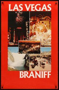 4j322 BRANIFF LAS VEGAS red style travel poster '70s casinos, Hoover Dam & showgirls!