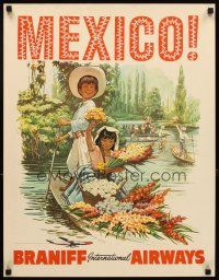 4j318 BRANIFF INTERNATIONAL AIRWAYS MEXICO travel poster '60s Nic art of children in flowerboat!