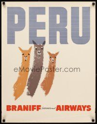 4j320 BRANIFF INTERNATIONAL AIRWAYS PERU travel poster '60s cool artwork of llamas!
