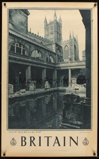 4j416 BRITAIN Bath style English travel poster '60s cool image of Roman Baths & Abbey!