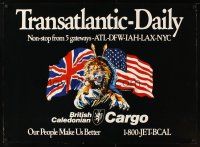 4j418 BRITISH CALEDONIAN TRANSATLANTIC DAILY English travel poster '80 great art of lion!