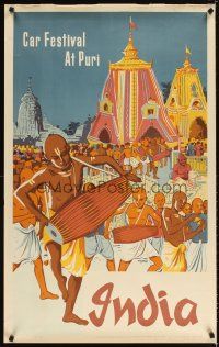 4j438 CAR FESTIVAL AT PURI INDIA Indian travel poster '50s art of celebrants & festival!
