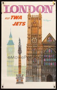 4j260 FLY TWA JETS LONDON travel poster '60s cool art of English landmarks by David Klein!
