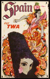 4j263 FLY TWA SPAIN travel poster '60s David Klein art of pretty Spanish dancer!