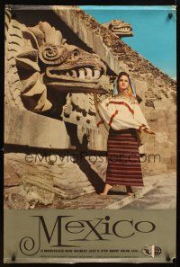 4j424 MEXICO Mexican travel poster '60s cool image of temple to Quetzalcoatl in Teotihuacan!