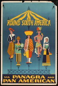 4j442 PANAGRA & PAN AMERICAN ROUND SOUTH AMERICA travel poster '57 Jalier art of native peoples!