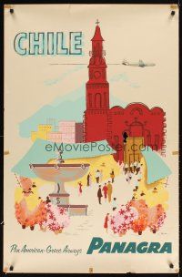 4j443 PANAGRA CHILE travel poster '55 Bush artwork of Chilean town & church!
