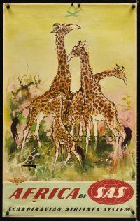 4j374 SCANDINAVIAN AIRLINES SYSTEM AFRICA Danish travel poster '50s Nielsen art of giraffes!