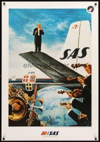 4j373 SCANDINAVIAN AIRLINES 50TH ANNIVERSARY travel poster '96 art of symphony conductor on wing!