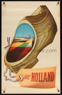 4j436 SEE HOLLAND travel poster '50s Cor V. Velsen art of wooden shoe & landscape!