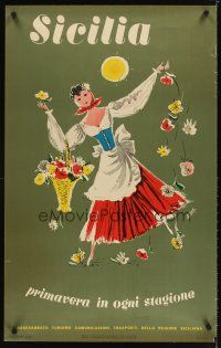 4j398 SICILIA Italian travel poster '65 Artass artwork of dancing girl w/flowers!