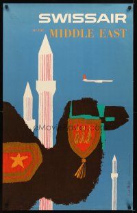 4j429 SWISSAIR MIDDLE EAST Swiss travel poster '58 Fritz Buhler art of camel & towers!
