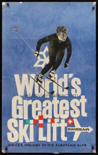 4j430 SWISSAIR WORLD'S GREATEST SKI LIFT Swiss travel poster '60s cool image of skier!