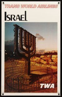 4j370 TWA ISRAEL travel poster '70s cool image of Knesset Menorah in Jerusalem!