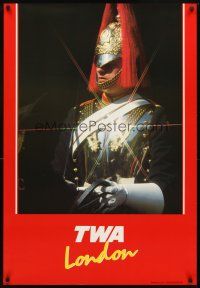4j270 TWA LONDON travel poster '90s cool image of member of Household Cavalry in uniform!