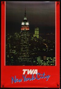 4j271 TWA NEW YORK travel poster '90s cool image of Empire State Building & New York City skyline!