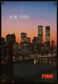4j272 TWA NEW YORK travel poster '90s cool image of Twin Towers & New York City skyline!