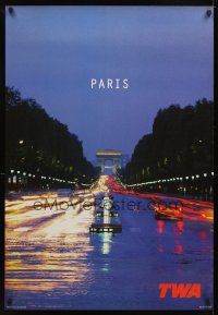 4j273 TWA PARIS travel poster '99 cool image of Arc de Triomphe & Champs-Elysees!