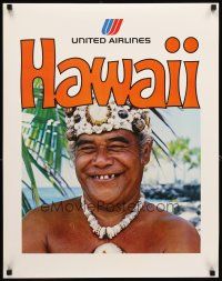 4j275 UNITED AIRLINES HAWAII travel poster '70s cool image of smiling native!