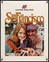 4j282 UNITED AIRLINES SAN FRANCISCO travel poster '76 cool image of couple with crabs!