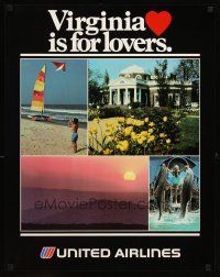 4j284 UNITED AIRLINES VIRGINIA IS FOR LOVERS travel poster '80s cool images of beach & sunset!