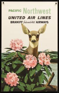 4j286 UNITED AIRLINES/BRANIFF INTERNATIONAL AIRWAYS PACIFIC NORTHWEST travel poster '60s Galli art