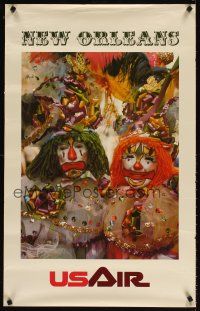 4j371 US AIR NEW ORLEANS travel poster '80s great image of clowns at Mardi Gras!