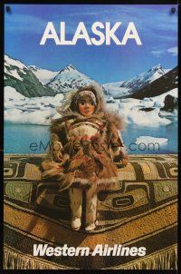 4j336 WESTERN AIRLINES ALASKA travel poster '70s image of native doll & glacier!