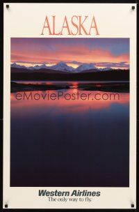 4j337 WESTERN AIRLINES ALASKA travel poster '80s wonderful image of sunset & mountains!