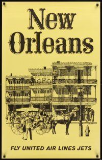 4j281 UNITED AIRLINES NEW ORLEANS travel poster '70s Brusitar art of carriage in French Quarter!