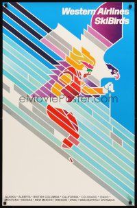 4j344 WESTERN AIRLINES SKIBIRDS travel poster '70s cool Don Weller art of skier!